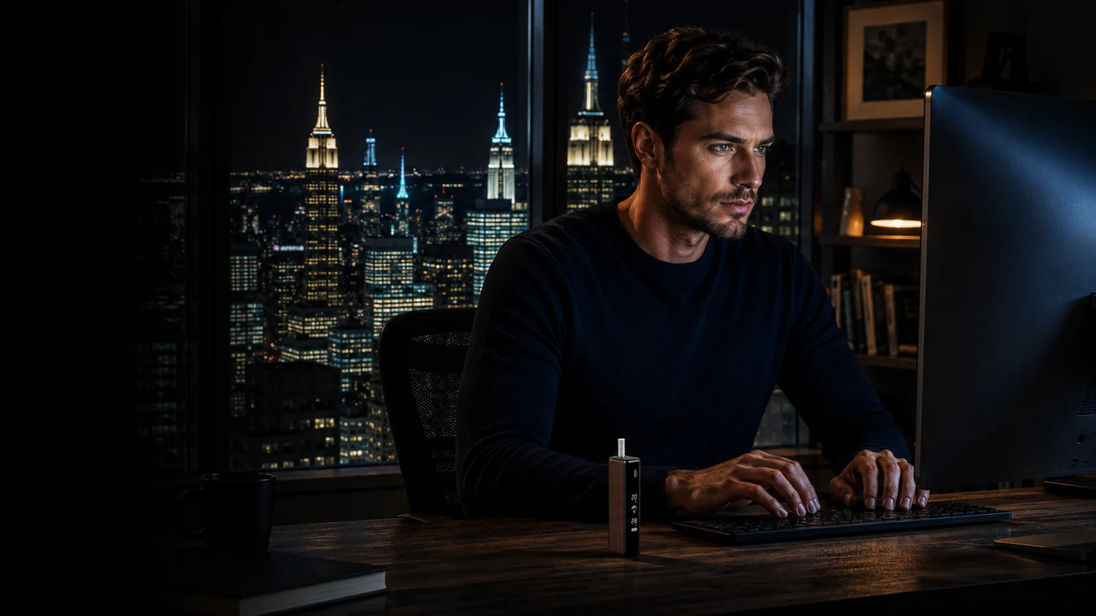 Lusmind Core 20 heat device on a night-time city desk