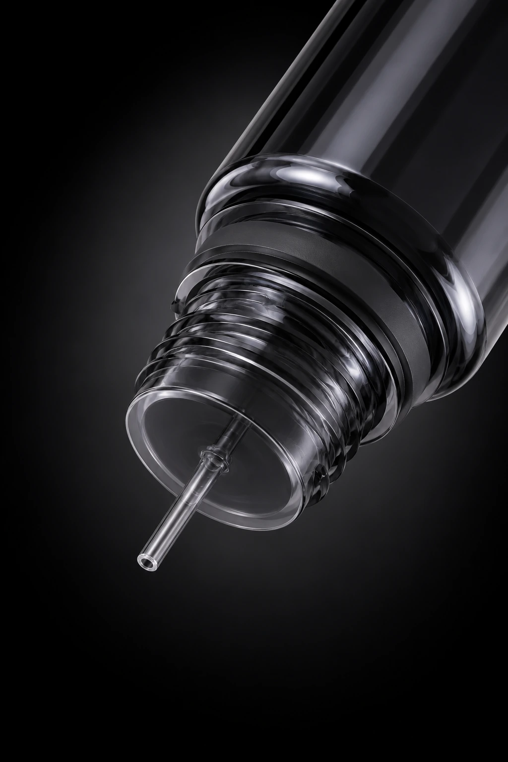 Close-up of the e-liquid bottle neck and extended fill nozzle