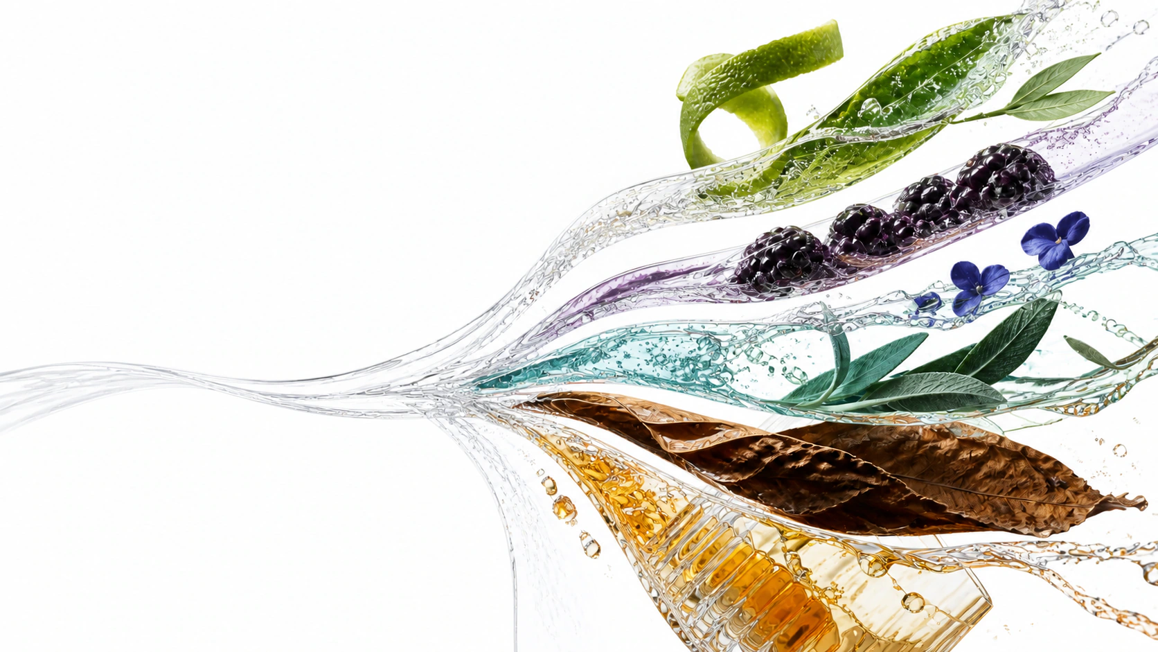 Transparent flavor streams carrying citrus, berry, botanical and tobacco notes